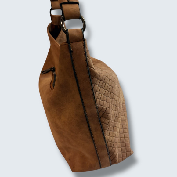 Sam & Hadley Brown Woven Hobo Bag Slouchy Faux Suede Shoulder - Picture 14 of 16